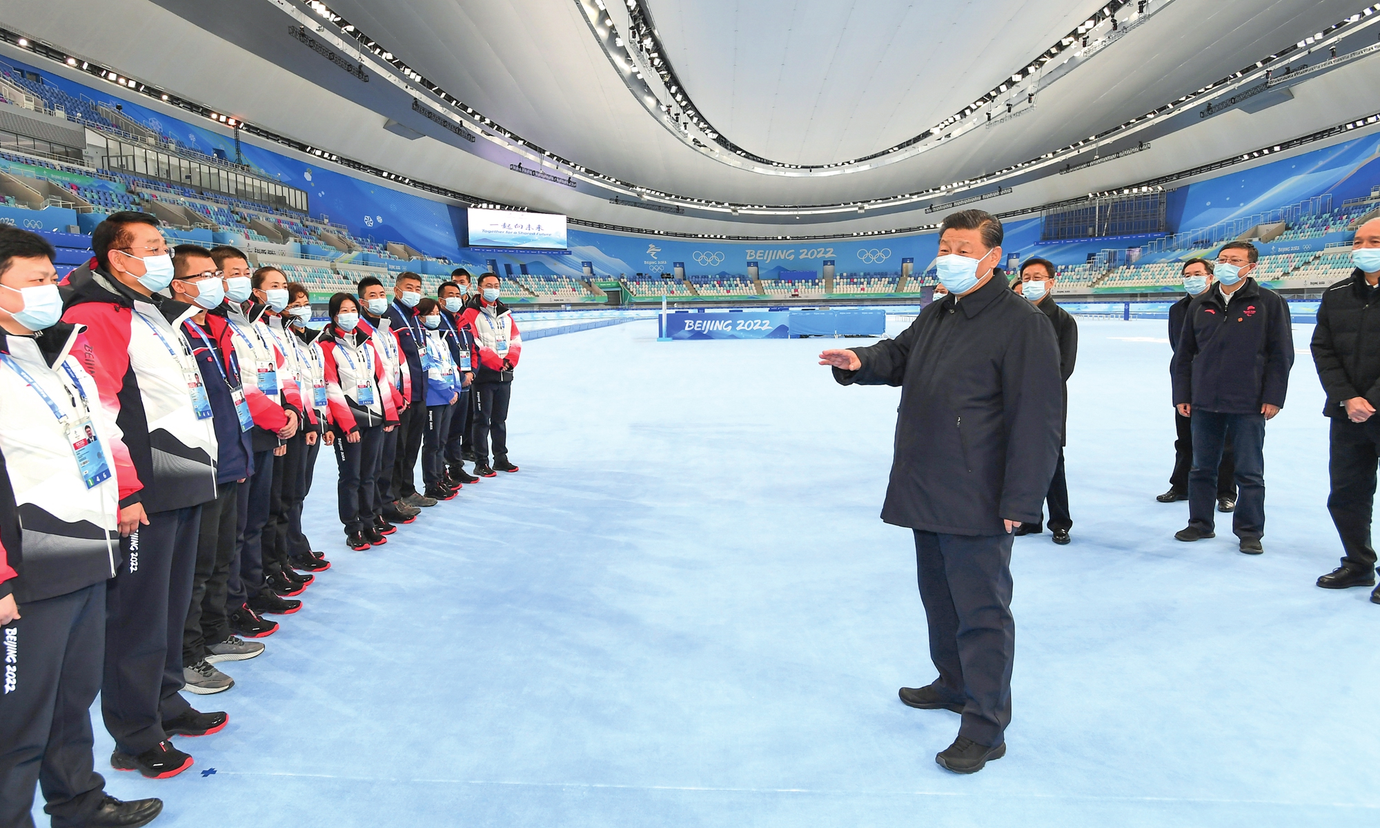 Chinese President Xi Jinping, also general secretary of the Communist Party of China Central Committee and chairman of the Central Military Commission, visits the National Speed Skating Oval in Beijing, capital of China, on January 4, 2022. Xi inspected the preparations for the 2022 Olympic and Paralympic Winter Games in Beijing on January 4, 2022. Photo: Xinhua