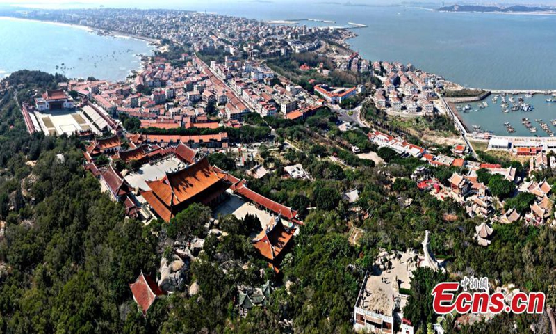 Aerial photo of the Mazu Ancestral Temple complex on the Meizhou Island, Putian, east China's Fujian Province, Jan. 3, 2022. (Photo: China News Service/Wang Dongming)