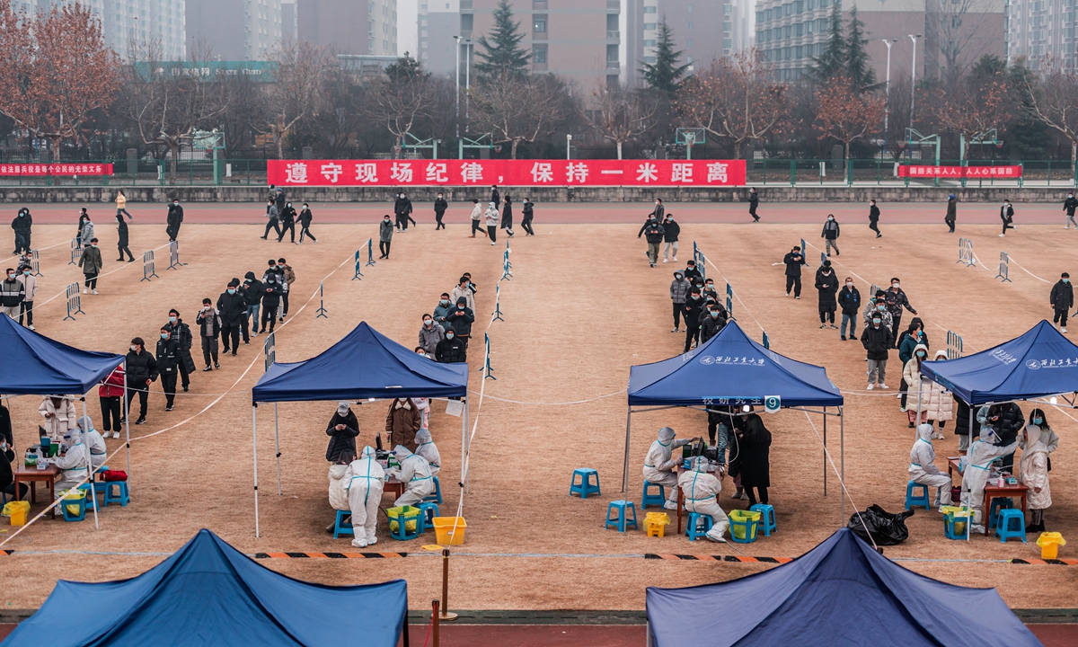 Residents line up to take a nucleic acid test on Tuesday in Xi'an, Northwest China's Shaanxi Province. Photo: VCG