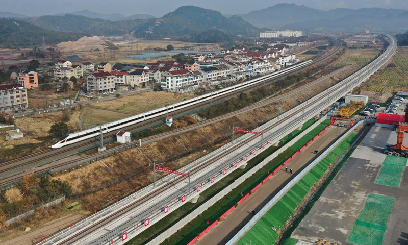Aerial photo taken on Feb. 1, 2021 shows the construction site of Hangzhou-Shaoxing-Taizhou inter-city railway in east China's Zhejiang province. photo: Xinhua