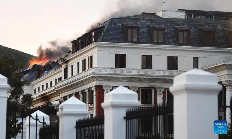 A fire is seen on the National Assembly building in Cape Town, South Africa, on Jan. 3, 2022.(Photo: Xinhua)