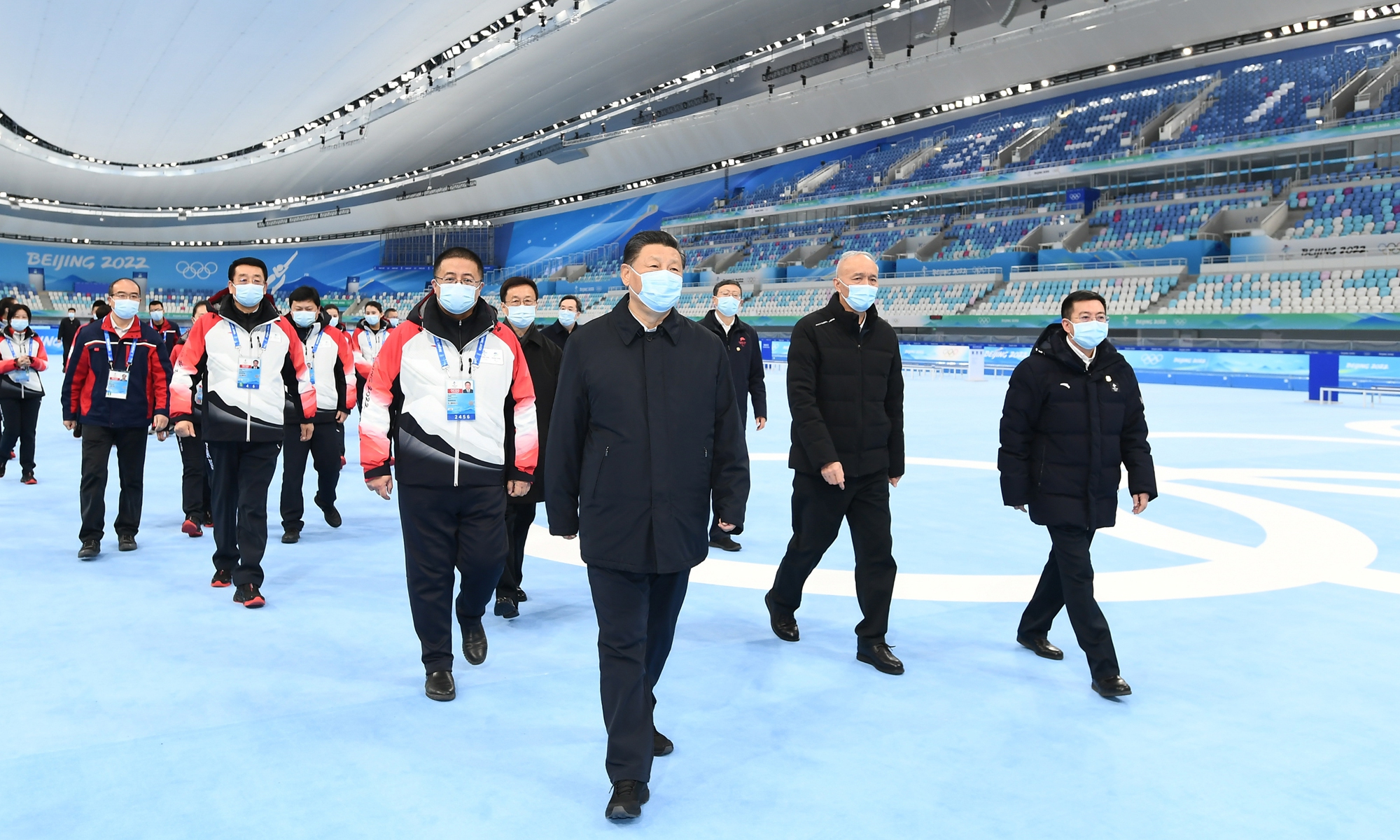 Chinese President Xi Jinping, also general secretary of the Communist Party of China Central Committee and chairman of the Central Military Commission, visits the National Speed Skating Oval in Beijing on January 4, 2022. Xi inspected the preparations for the 2022 Olympic and Paralympic Winter Games in Beijing on January 4, 2022. Photo: Xinhua