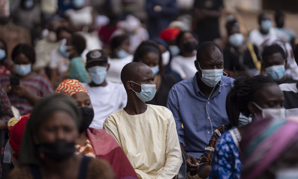 People wait to be vaccinated at Leopold Sedar Senghor stadium in Dakar, Senegal, on July 28, 2021. Photo: VCG