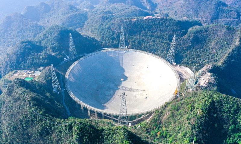 Aerial photo taken on Dec. 19, 2021 shows China's Five-hundred-meter Aperture Spherical Radio Telescope (FAST) under maintenance in southwest China's Guizhou Province.(Photo: Xinhua)