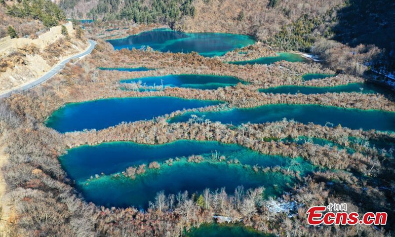 Aerial photo of the Shuzheng Lakes at Jiuzhaigou National Park in the Aba Tibetan and Qiang Autonomous Prefecture, southwest China's Sichuan Province, Jan. 5, 2022. (Photo by An Yuan)