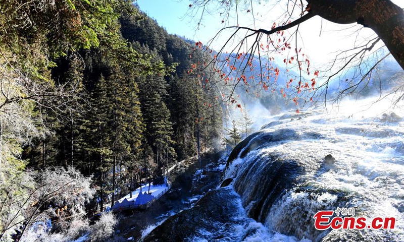 Aerial photo of the Pearl Shoal Waterfall at Jiuzhaigou National Park in the Aba Tibetan and Qiang Autonomous Prefecture, southwest China's Sichuan Province, Jan. 5, 2022. (Photo by An Yuan)