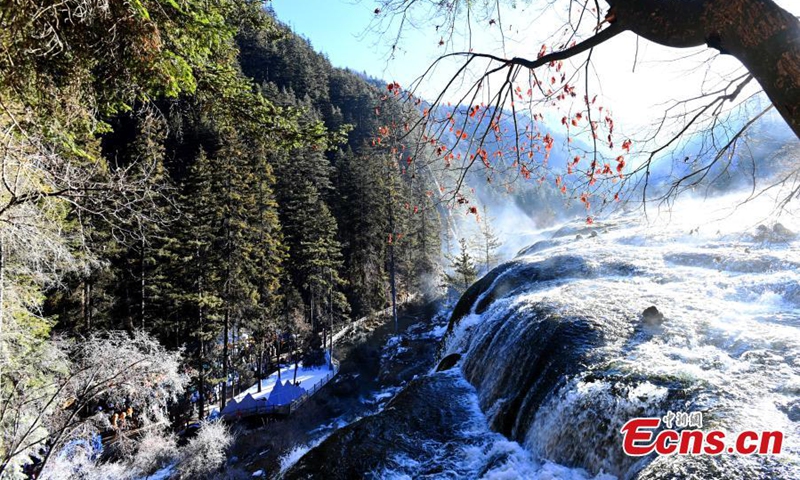 Aerial photo of the Pearl Shoal Waterfall at Jiuzhaigou National Park in the Aba Tibetan and Qiang Autonomous Prefecture, southwest China's Sichuan Province, Jan. 5, 2022. (Photo by An Yuan)