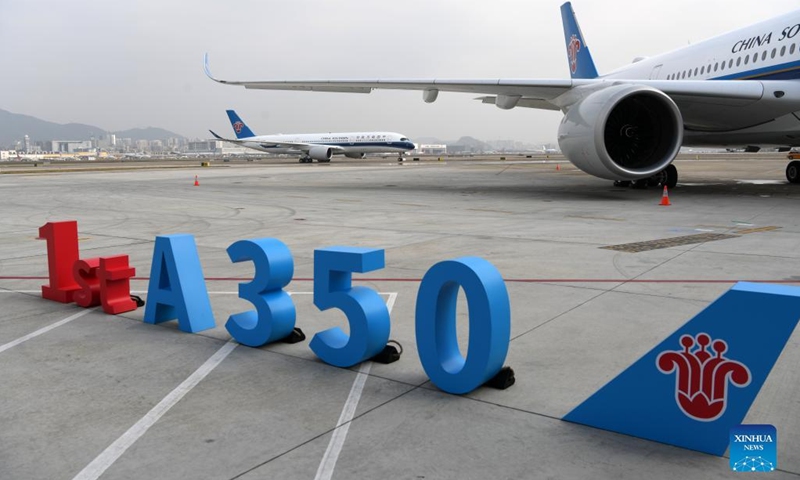 An Airbus A350-900 arrives at the Baoan International Airport in Shenzhen, south China's Guangdong Province, Jan. 6, 2022. China Southern Airlines launched two new Airbus A350-900 in Shenzhen on Thursday. The new aircraft will mainly serve domestic routes between Beijing Daxing International Airport, Shanghai and Chengdu.(Photo: Xinhua)
