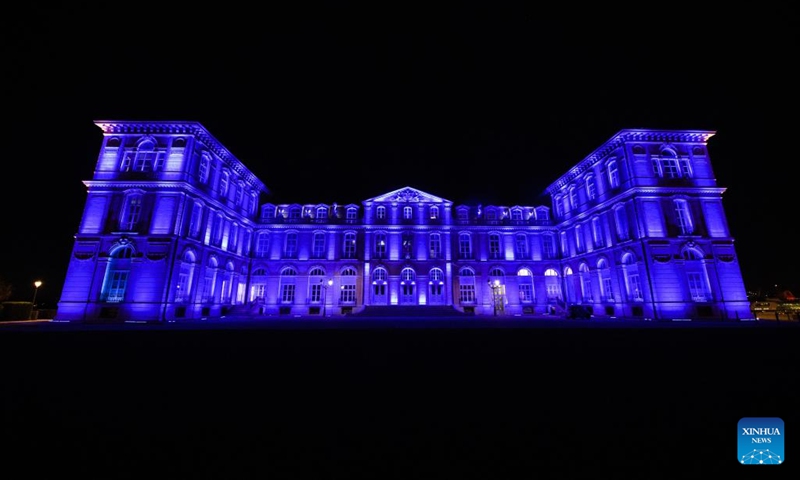 The Pharo Palace is lit up in blue to mark the start of France's six-month presidency of the European Union in Marseille, France, Jan. 6, 2022.(Photo: Xinhua)