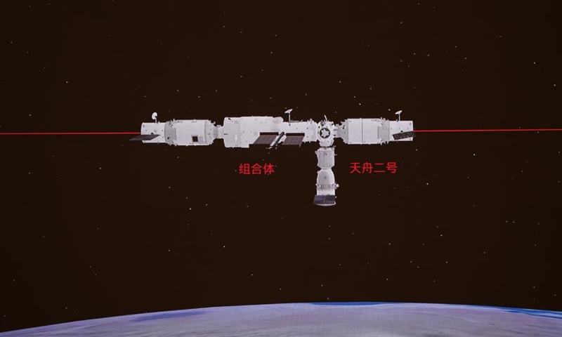 Screen image taken at Beijing Aerospace Control Center on Jan. 8, 2022 shows the process of the manual rendezvous and docking experiment of China's space station with the Tianzhou-2 cargo craft.Photo:Xinhua