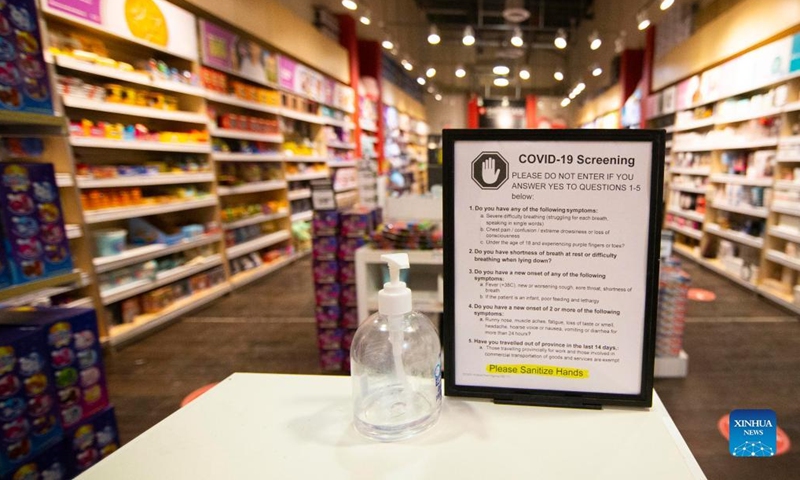 A COVID-19 screening notice for customers is seen at the entrance of a store in a shopping mall in Vaughan, Ontario, Canada, on Jan. 8, 2022.Photo:Xinhua
