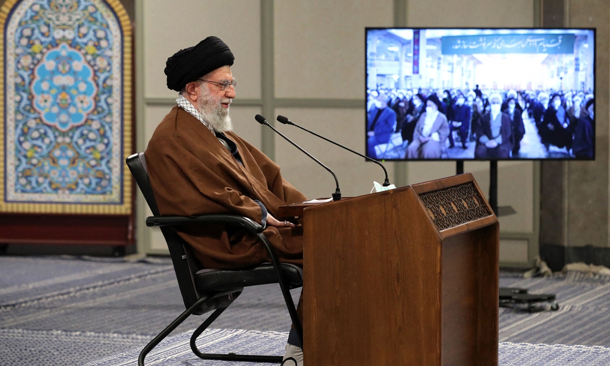 Iran's supreme leader Ayatollah Ali Khamenei addresses a crowd via a video conference in the capital Tehran, Iran on January 9, 2022. Negotiating does not mean giving in to the enemy, he said as talks are taking place in Vienna between his country and world powers on the nuclear issue.Photo: AFP