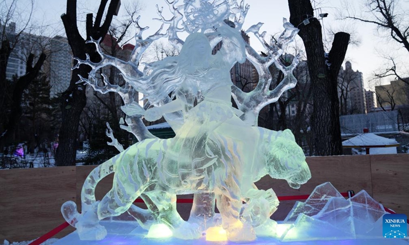 Photo taken on Jan. 8, 2022 shows an ice sculpture which won the silver award during the 41st national professional ice sculpture competition in Harbin, northeast China's Heilongjiang Province.Photo:Xinhua