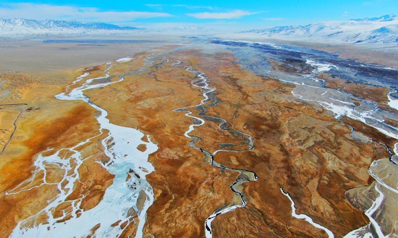 Aerial photo shows the winter scenery of the Haltent grassland in the Kazak Autonomous County of Aksay, northwest China's Gansu Province, Jan. 8, 2022.Photo:Xinhua