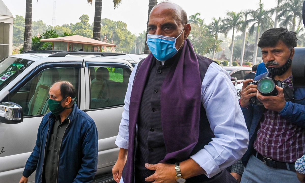 India's Defence Minister Rajnath Singh arrives to attend a session at the Parliament House in New Delhi on December 14, 2021. Photo: VCG 