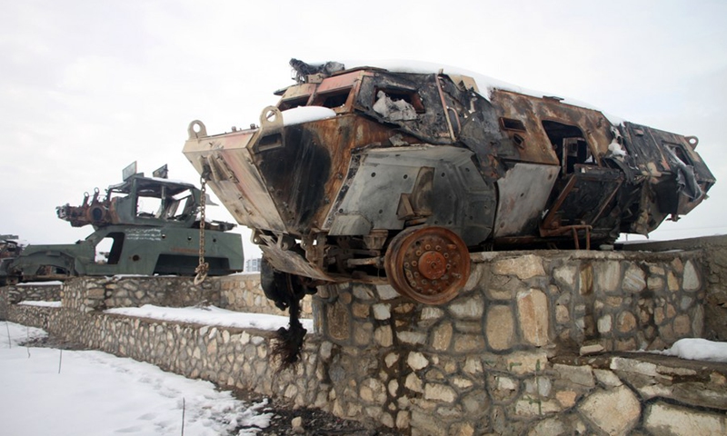 Photo taken on Jan.6, 2022 shows damaged tanks putting on display in Ghazni city, eastern Afghanistan.(Photo: Xinhua)