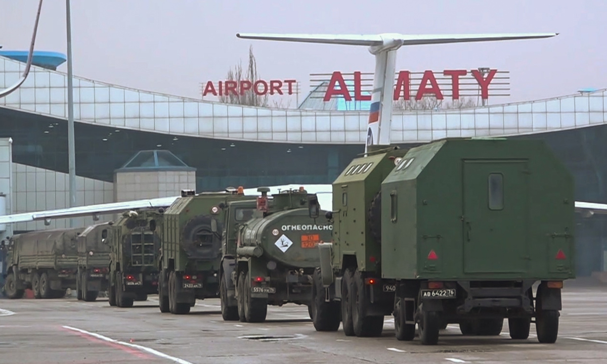 Military hardware are seen at the Almaty airfield as Russian peacekeepers arrive in Kazakhstan for an CSTO mission on January 9, 2022. Photo: IC