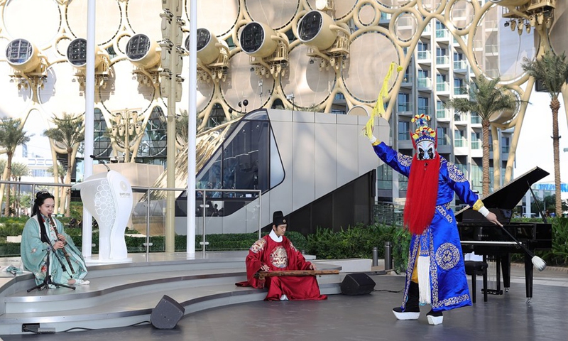 Photo taken on Jan. 10, 2022 shows the opening ceremony performance of the National Day of China Pavilion at Expo 2020 Dubai in Dubai, the United Arab Emirates.(Photo: Xinhua)