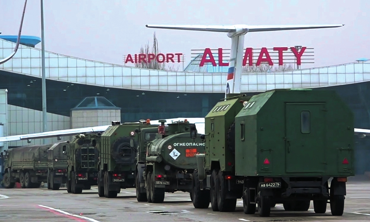 Military hardware are seen at the Almaty airfield as Russian peacekeepers arrive in Kazakhstan for an CSTO mission on January 9, 2022. Photo: IC 