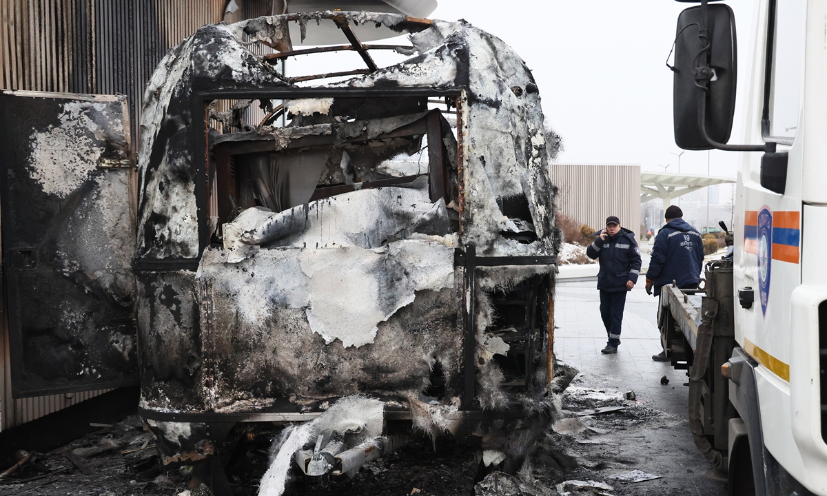 A view of the wreckage of a car burned during mass riots on January 10, 2022. Photo: VCG