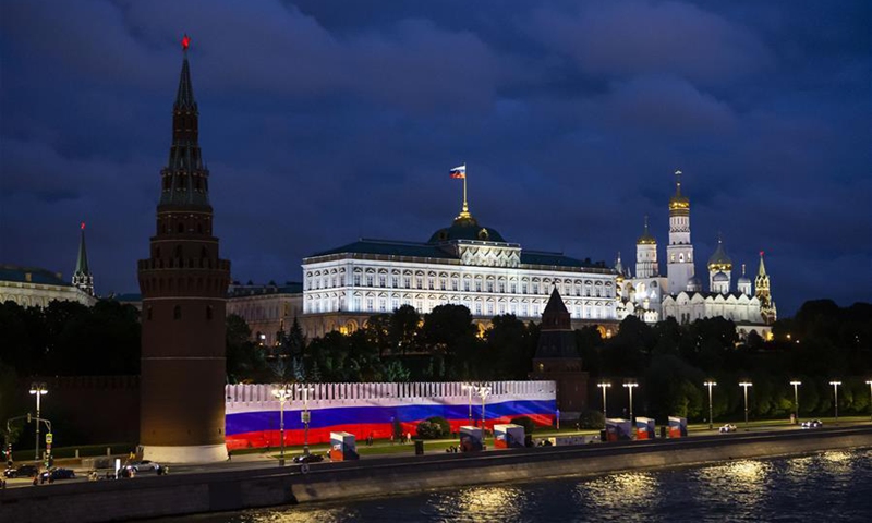 Russian national flag is projected on the Kremlin wall to celebrate Russia day in Moscow, Russia, on June 12, 2020. Photo: Xinhua