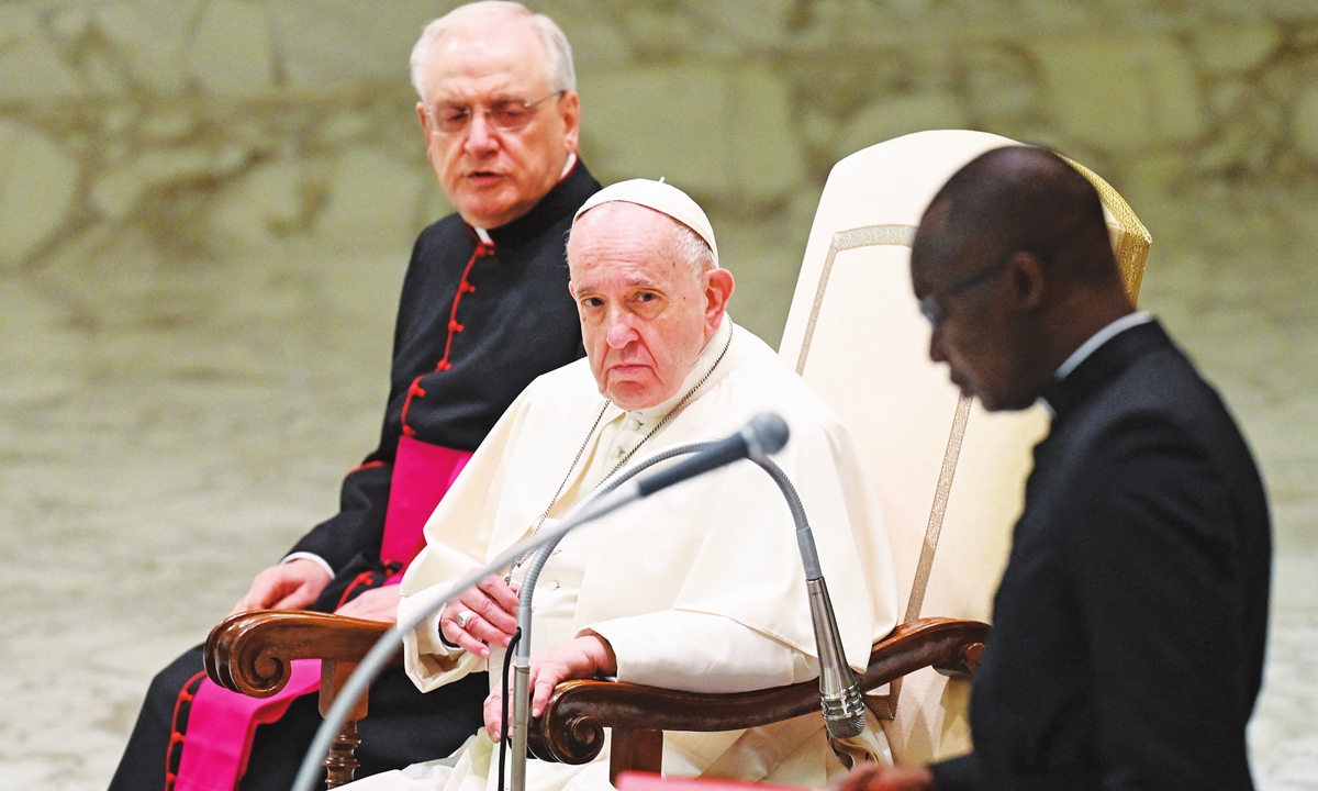 Pope Francis looks on during the weekly general audience on January 12, 2022 at Paul-VI hall in The Vatican. The 85-year-old pontiff made scathing remarks during his annual 