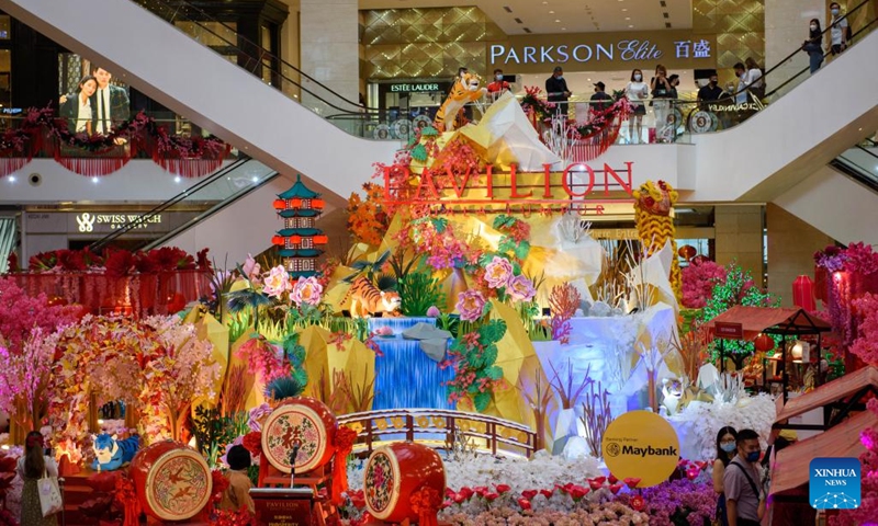 Photo taken on Jan. 11, 2022 shows a view of the Pavilion Paper Art Garden in Kuala Lumpur, Malaysia. The Pavilion Paper Art Garden, with splendid traditional Chinese art of paper cutting works, was set in celebrations of the upcoming Chinese New Year.(Photo: Xinhua)