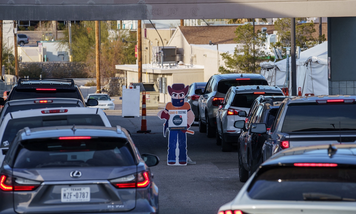 Cars line up at a drive-through COVID-19 testing site in El Paso, Texas on January 12, 2022. The US is currently seeing an average of 750,000 cases a day - though that figure is soon expected to exceed a million - around 150,000 COVID hospitalizations, and more than 1,600 daily deaths.Photo: VCG