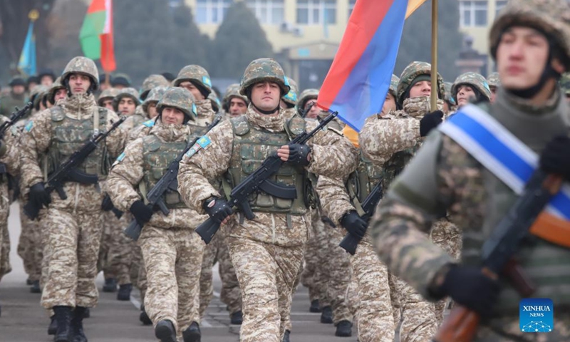The peacekeeping forces of the Collective Security Treaty Organization (CSTO) march on a departure ceremony in Almaty, Kazakhstan, Jan. 13, 2022.Photo:Xinhua