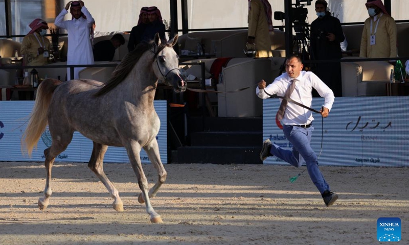A horse is displayed at the Saudi Arabian Horses Festival in Riyadh, Saudi Arabia, on Jan. 13, 2022.Photo:Xinhua