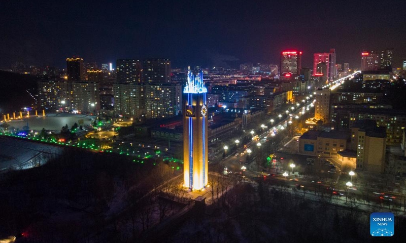 Aerial photo taken on Jan. 12, 2022 shows a short track speed skating memorial hall which opened in 2019 to present local skating history in Qitaihe City, northeast China's Heilongjiang Province. To date, six of China's 13 Winter Olympic gold medals have been claimed by athletes trained in Qitaihe City. (Photo: Xinhua)