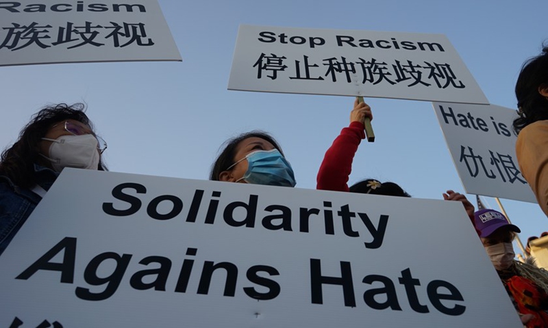 People denouncing hatred against the Asian American communities rally before San Gabriel Mission Playhouse in City of San Gabriel, Los Angeles County, California, the United States, March 20, 2021.(Photo: Xinhua)