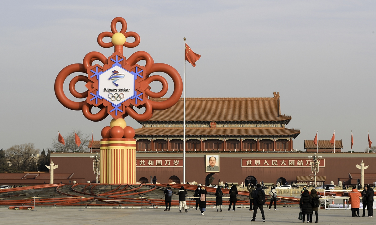A parterre with the theme of Beijing 2022 Winter Olympics is being decorated in Tian'anmen Square in Beijing on January 14, 2022 as excitement grows in the capital city for the upcoming event. Photo: VCG