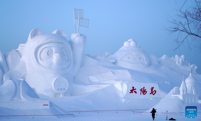 Tourists visit the Sun Island International Snow Sculpture Art Exposition in Harbin, northeast China's Heilongjiang Province, Jan. 14, 2022.Photo:Xinhua