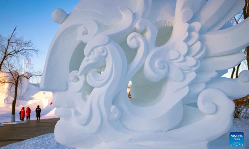 Photo taken on Jan. 14, 2022 shows a snow sculpture during the 28th Harbin snow sculpture competition at the Harbin Sun Island International Snow Sculpture Art Exposition in Harbin, northeast China's Heilongjiang Province.Photo:Xinhua