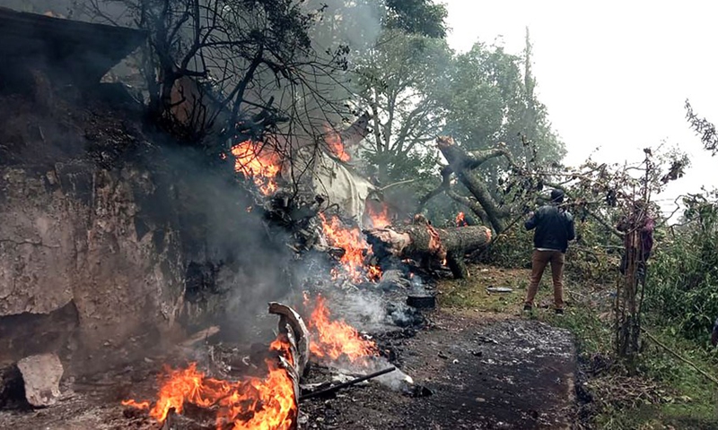 A view of site where an Indian Air Force helicopter crashed at Coonoor area of Nilgiris district, about 538 km southwest of Chennai, the capital city of India's Tamil Nadu state, Dec. 8, 2021.Photo:Xinhua
