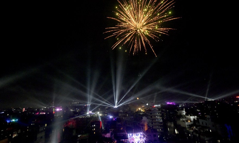 Fireworks show display during Sakrain festival in Dhaka, capital of Bangladesh, on Jan. 14, 2022.Photo:Xinhua