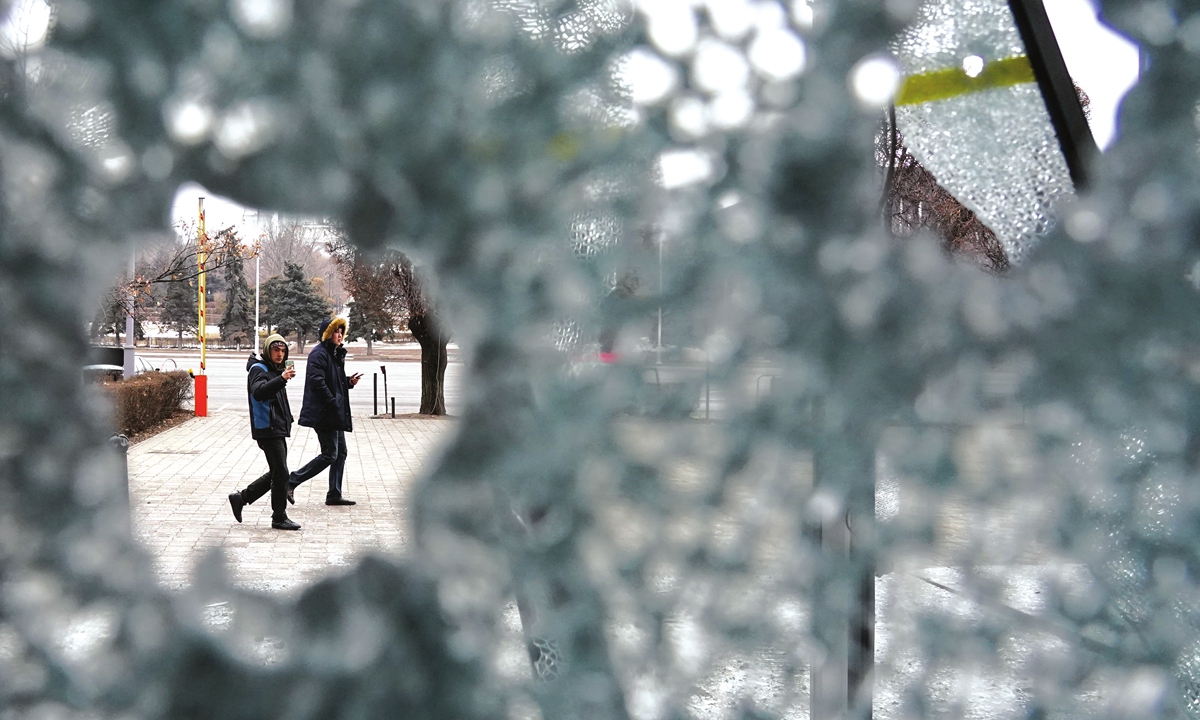 A view of the damage aftermath of protests in Almaty of Kazakhstan, on January 11, 2022. Photo: VCG