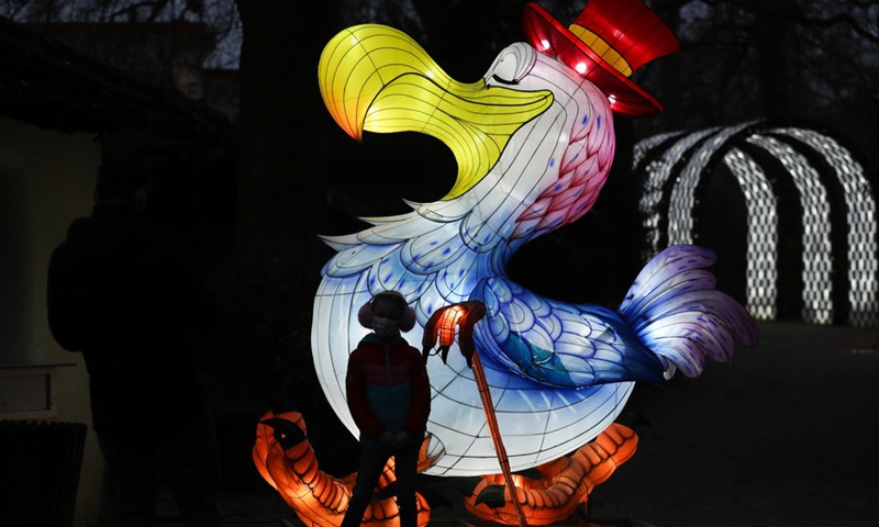 A visitor views light installations during the sixth edition of China light festival themed Alice in Wonderland at the Antwerp Zoo in Antwerp, Belgium, Jan. 12, 2022.Photo:Xinhua