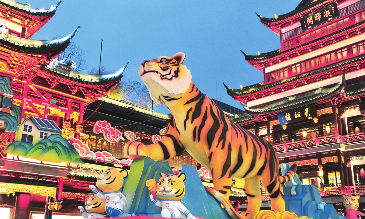 

The 2022 mass celebration in Shanghai's Yuyuan Garden opens on January 18, 2022 with the theme of Tiger Leaping in the East. The event will last until February 18 to celebrate the Spring Festival which starts the Year of the Tiger. Photo: VCG     