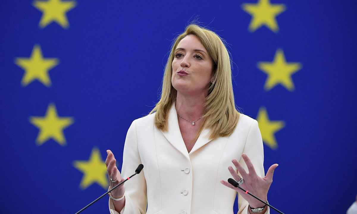 Roberta Metsola speaks during the elections for the new president of the European Parliament, in Strasbourg, France on January 18, 2022. EU lawmakers elected her the new head of the European Parliament. Metsola is the youngest to assume the top post at age of 43 and the first woman in 20 years to do so. Photo: VCG