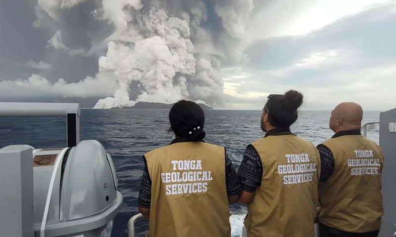 Tongan geologists aboard a ship watch the eruption of Hunga Tonga-Hunga Ha'apai volcano in Tonga, Jan. 15, 2022. (Photo Tonga Geological Services of the Government of Tonga/Xinhua)