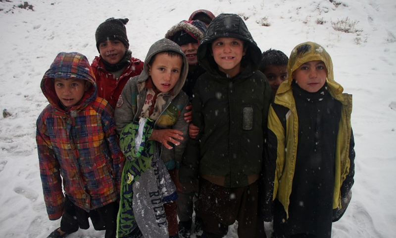 Children pose for photos in the snow in Kabul, capital of Afghanistan, Jan. 3, 2022.(Photo: Xinhua)