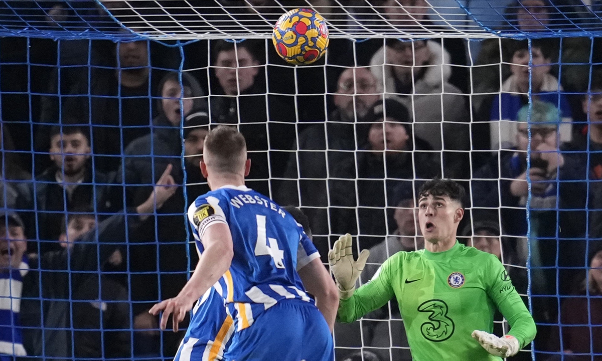 Brighton's Adam Webster (left) scores his side's opening goal during the English Premier League match between Brighton and Chelsea at the Falmer Stadium in Brighton, England on January 18, 2022. Photo: VCG