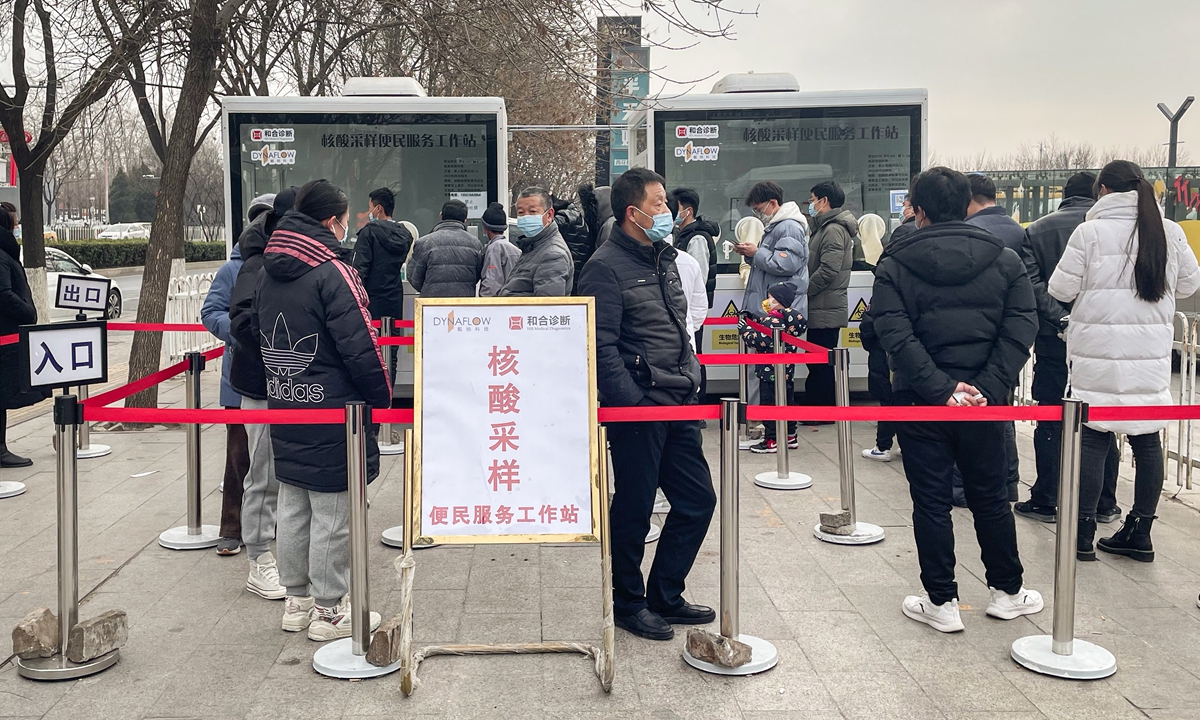People line up at a nucleic acid testing site in Beijing on January 19, 2022. Photo: VCG