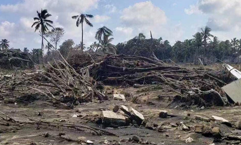 Photo taken on Jan. 19, 2022 shows a beach resort hit by tsunami on the outskirts of Nuku'alofa, capital of Tonga.(Photo: Xinhua)