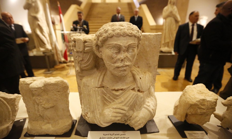 Photo shows five Palmyra artifacts handed over to the Syrian Embassy in Lebanon at the Lebanese National Museum in Beirut, Jan. 20, 2022.(Photo: Xinhua)