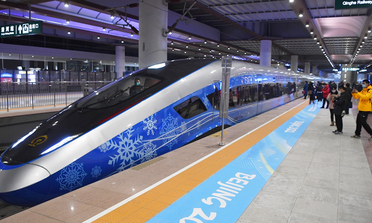 China launches a special bullet train service to take athletes to Winter Olympics venues in Qinghe, Beijing on January 21, 2022. The Beijing-Zhangjiakou high-speed train is expected to service the Games until March 16, or for 55 days. Photo: VCG