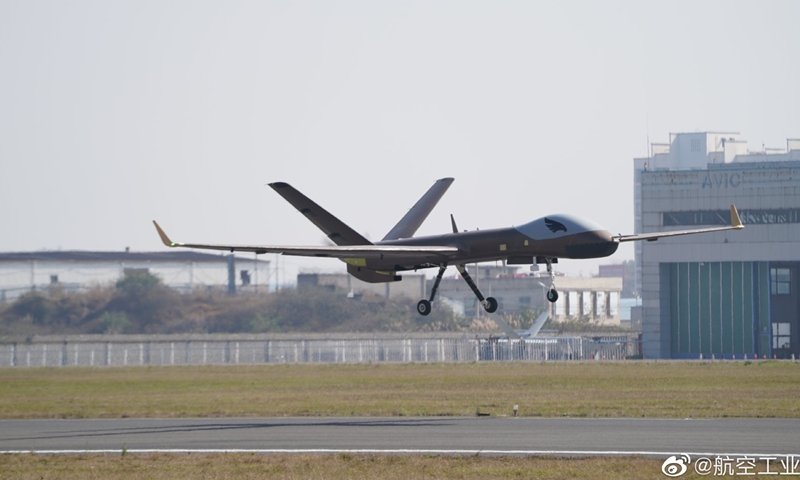 The Wing Loong-1E drone successfully completes its maiden flight on January 18, 2022. Photo: Sina Weibo account of Aviation Industry Corporation of China
