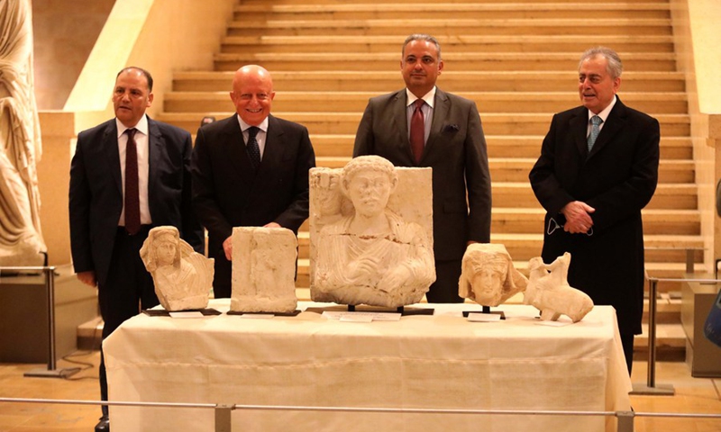 Photo shows five Palmyra artifacts handed over to the Syrian Embassy in Lebanon at the Lebanese National Museum in Beirut, Jan. 20, 2022.(Photo: Xinhua)